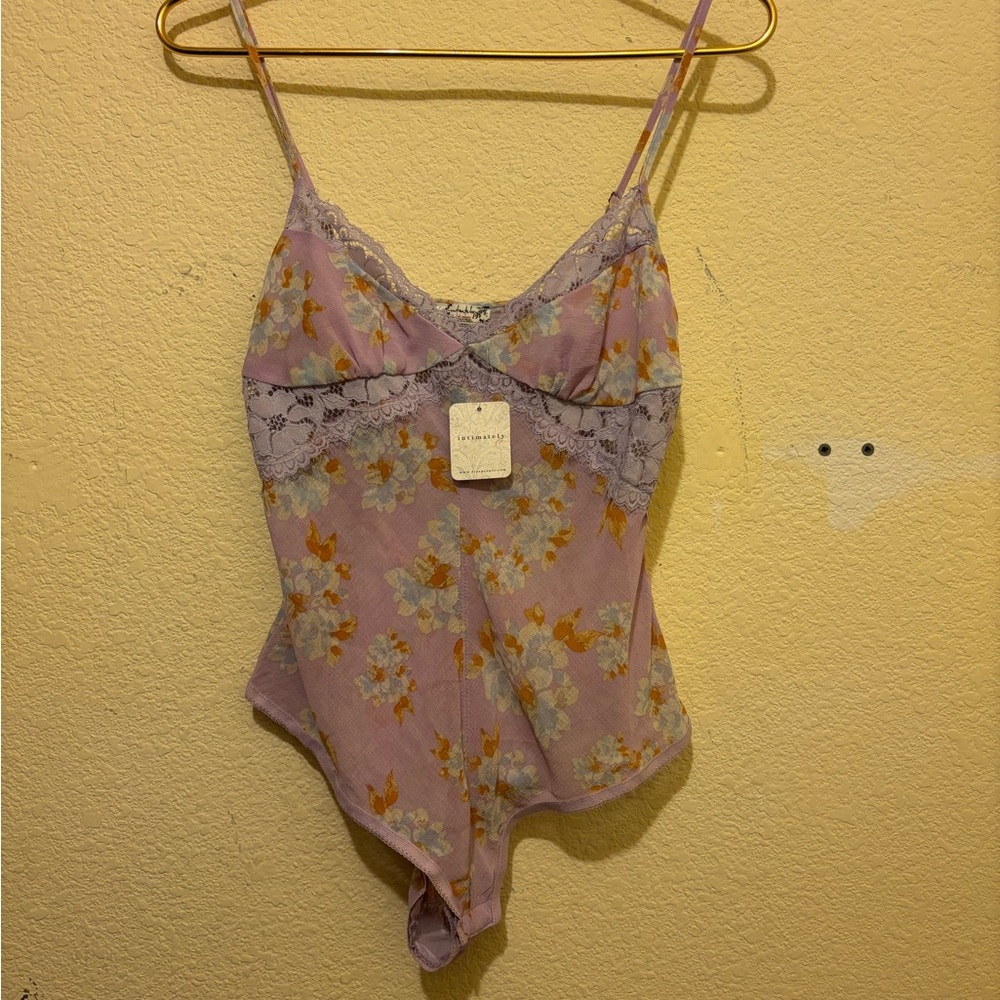 Free People’s Intimately Lilac Floral Lace Detail Thin Strap Bodysuit size S NWT